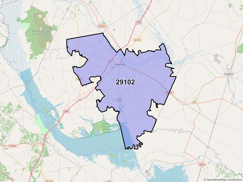 Map of Manning, South Carolina and ZIP codes