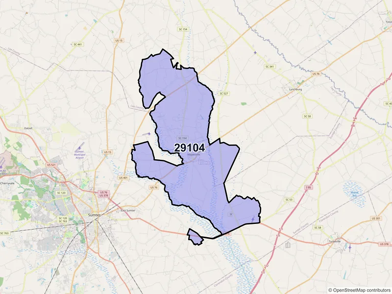 Map of ZIP Code 29104 — Mayesville, SC