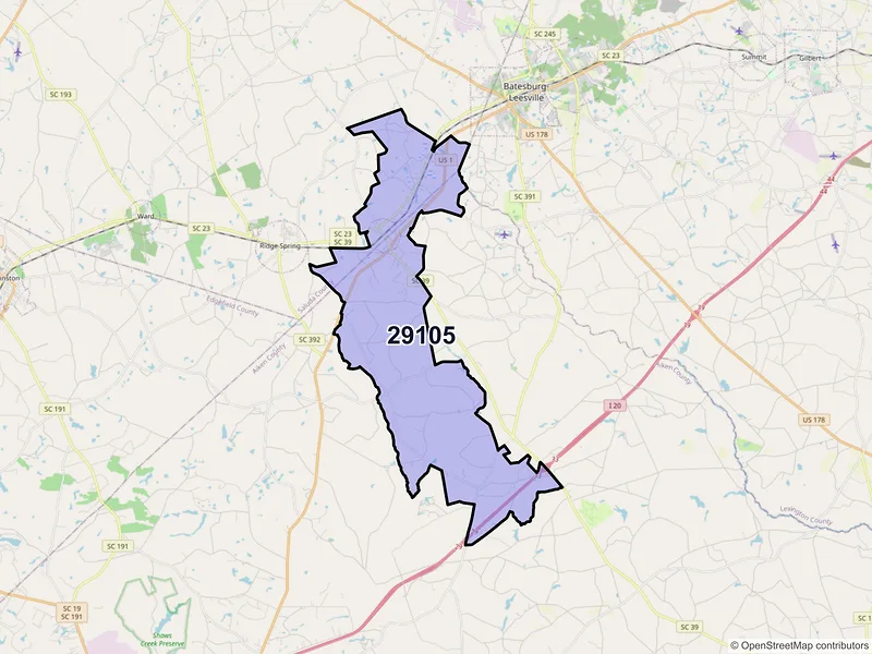 Map of ZIP Code 29105 — Monetta, SC