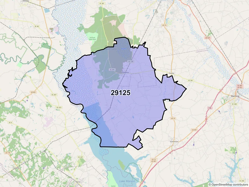 Map of ZIP Code 29125 — Pinewood, SC