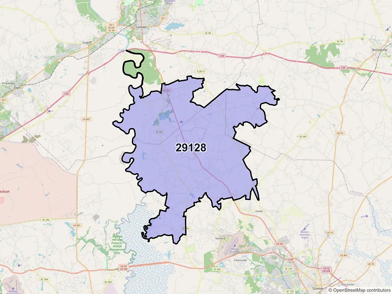 Map of ZIP Code 29128 — Rembert, SC