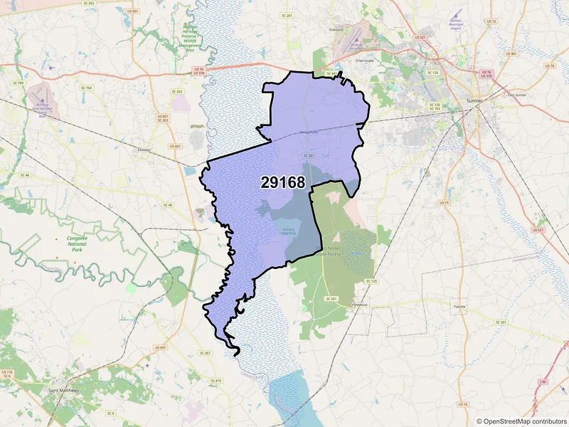 Map of ZIP Code 29168 — Wedgefield, SC