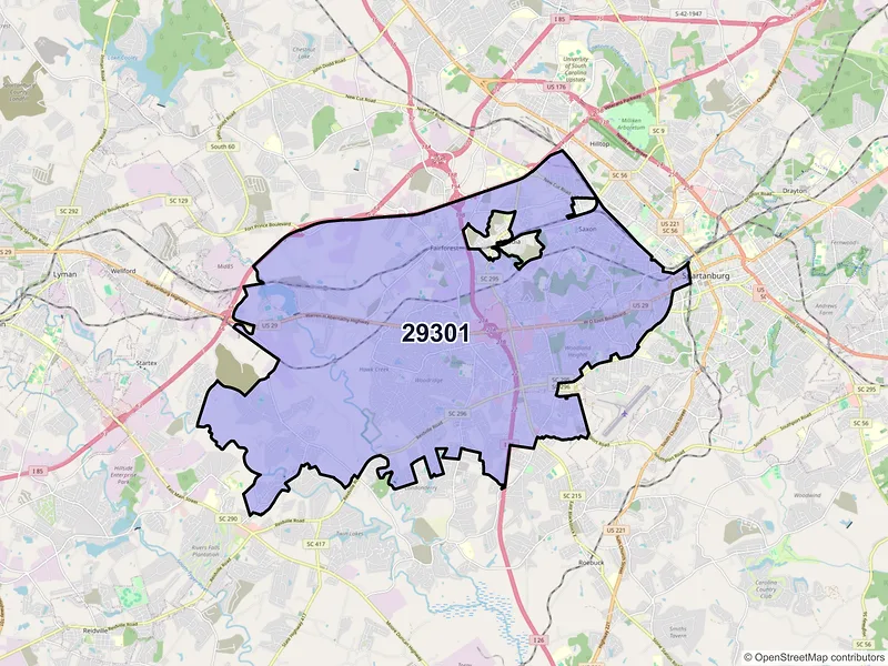 Map of ZIP Code 29301 — Spartanburg, SC