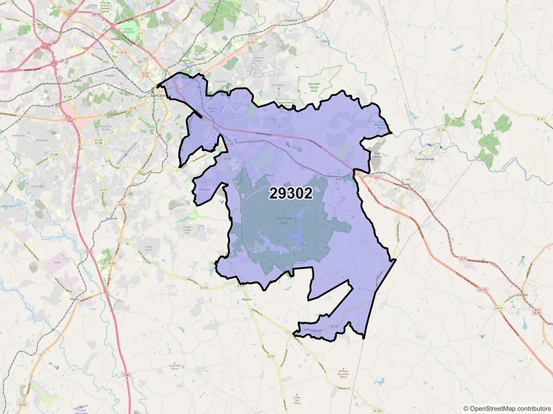 Map of ZIP Code 29302 — Spartanburg, SC