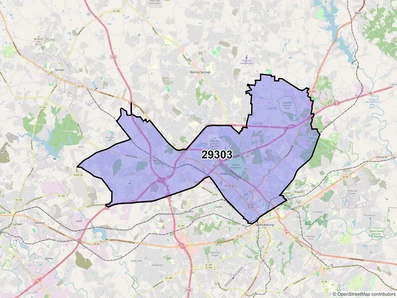 Map of ZIP Code 29303 — Spartanburg, SC