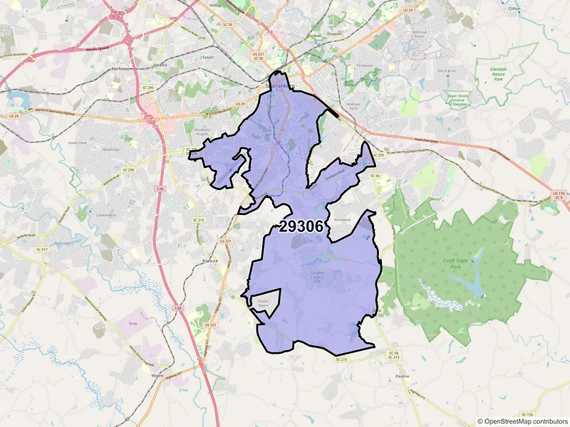 Map of ZIP Code 29306 — Spartanburg, SC