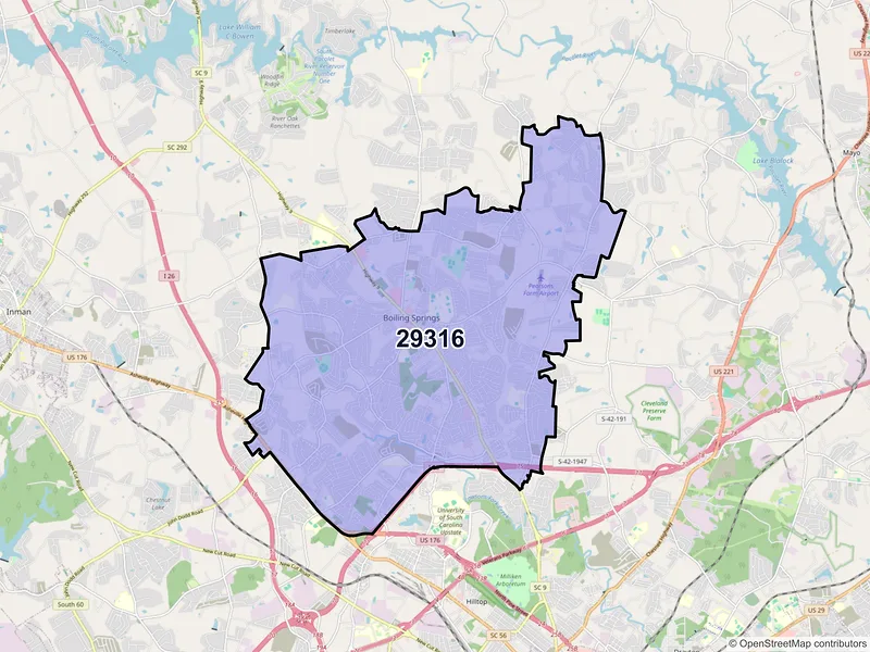 Map of ZIP Code 29316 — Boiling Springs, SC