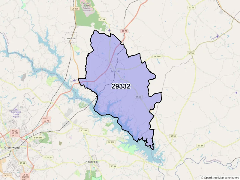 Map of Cross Hill, South Carolina and ZIP codes