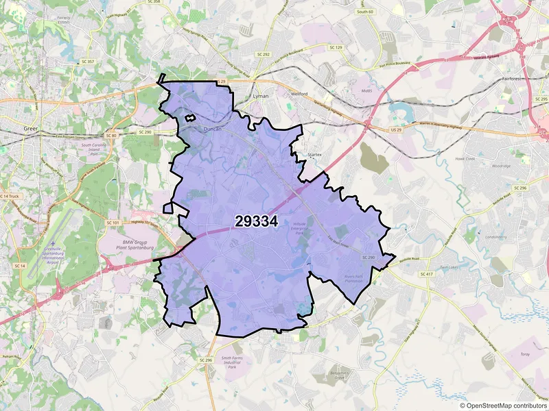 Map of Duncan, South Carolina and ZIP codes