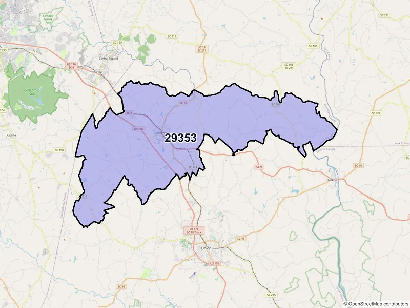 Map of ZIP Code 29353 — Jonesville, SC