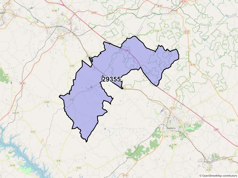 Map of ZIP Code 29355 — Kinards, SC