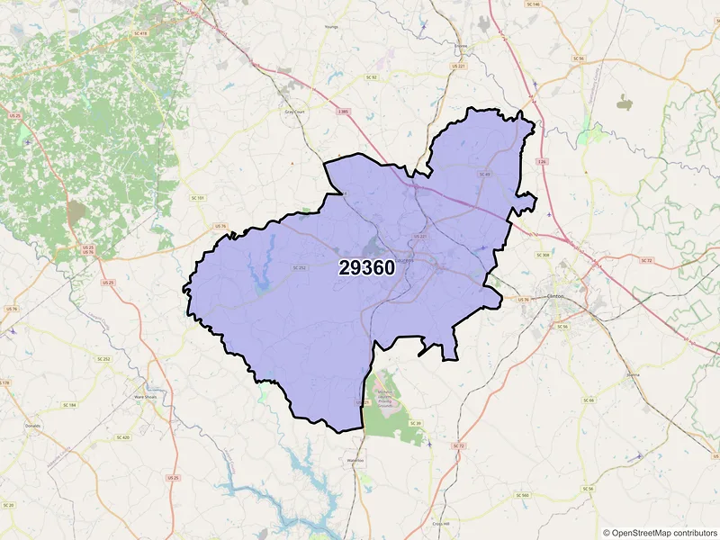 Map of Laurens, South Carolina and ZIP codes