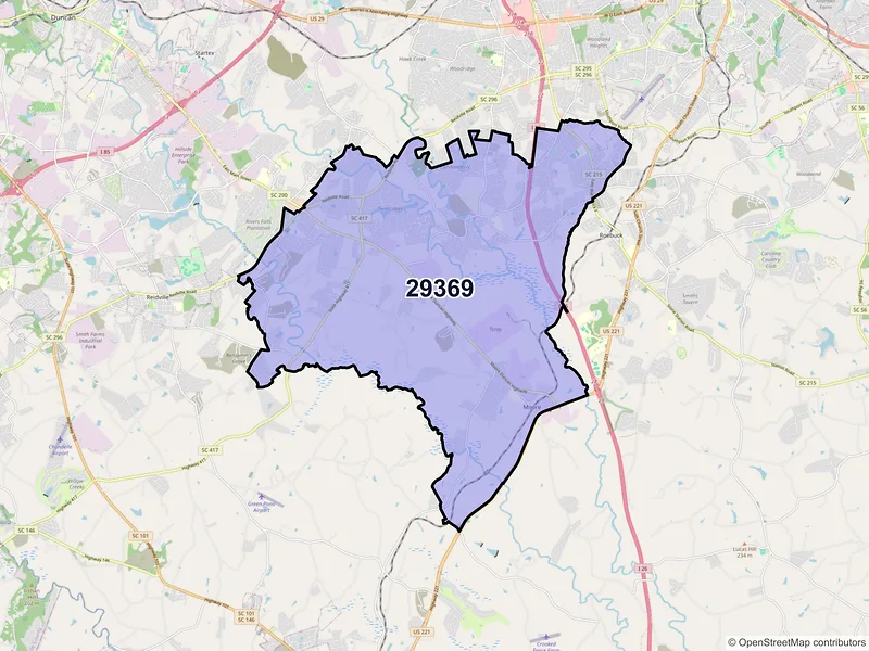 Map of ZIP Code 29369 — Moore, SC