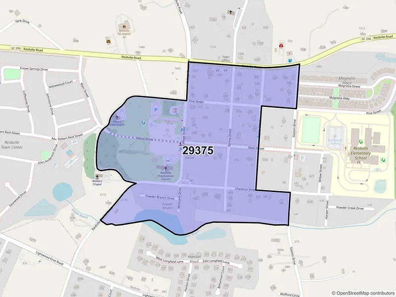 Map of Reidville, South Carolina and ZIP codes