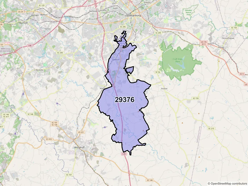 Map of Roebuck, South Carolina and ZIP codes