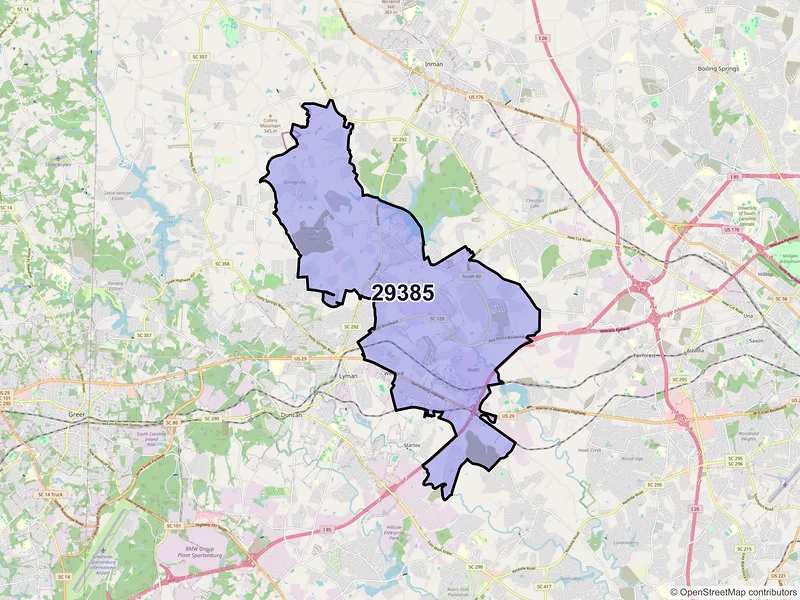 Map of ZIP Code 29385 — Wellford, SC