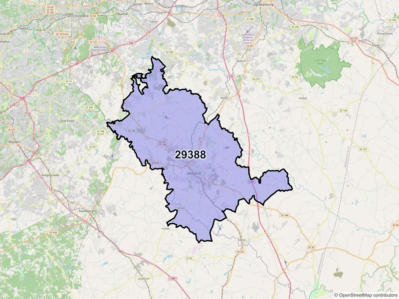 Map of ZIP Code 29388 — Woodruff, SC