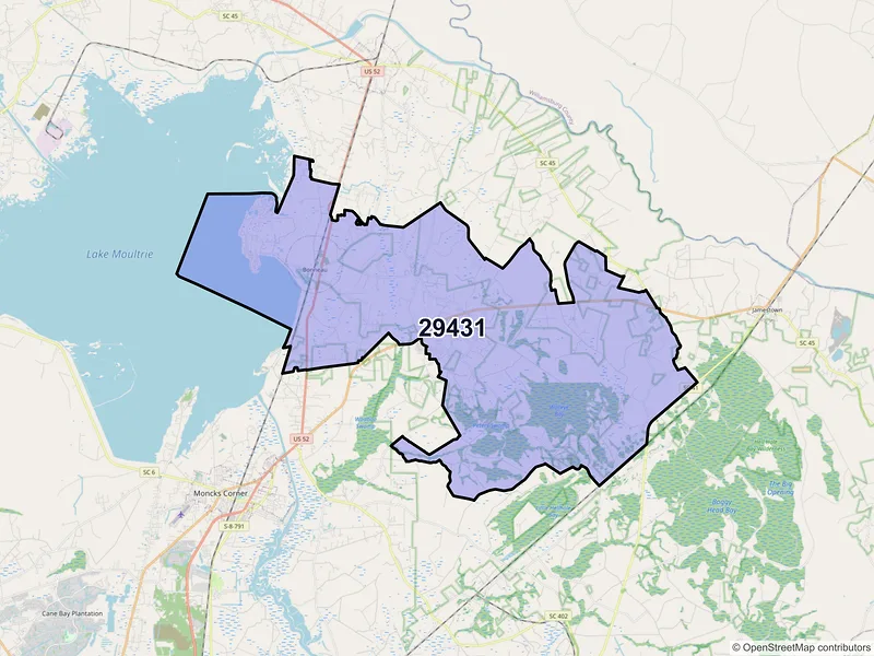 Map of Bonneau, South Carolina and ZIP codes