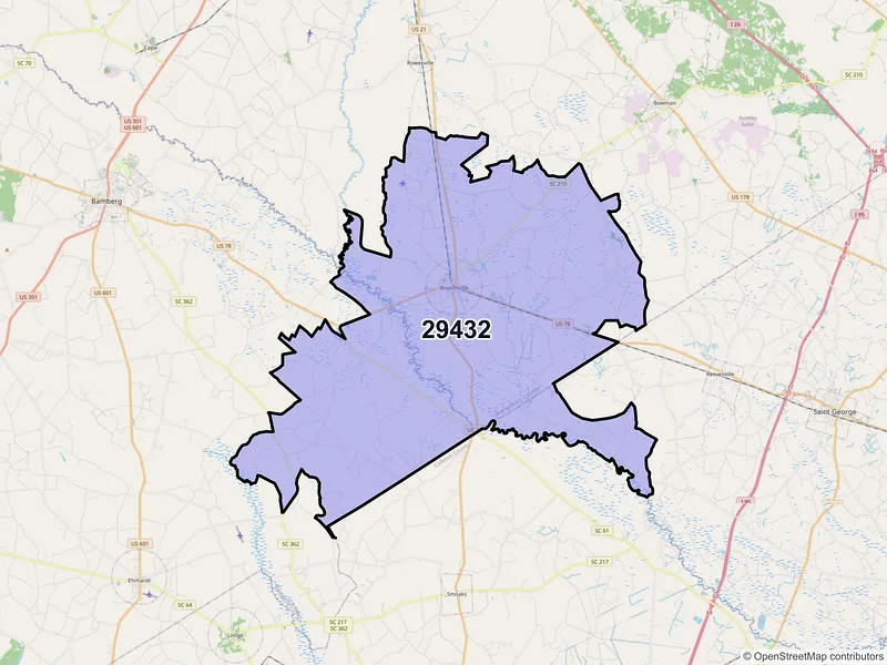 Map of Branchville, South Carolina and ZIP codes