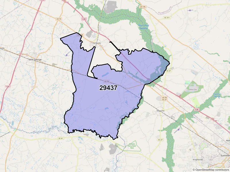 Map of Dorchester, South Carolina and ZIP codes