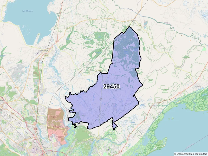 Map of Huger, South Carolina and ZIP codes