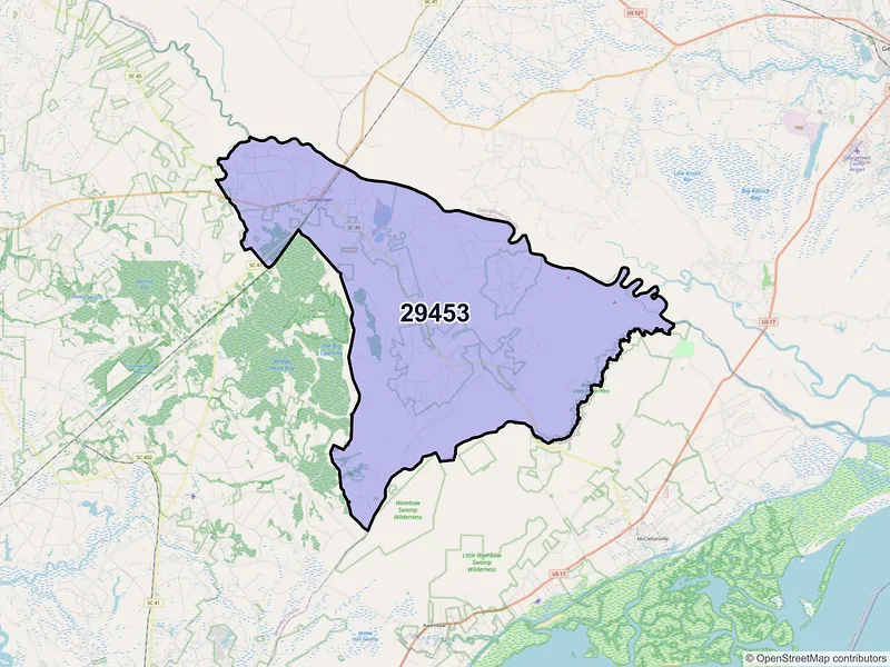 Map of Jamestown, South Carolina and ZIP codes