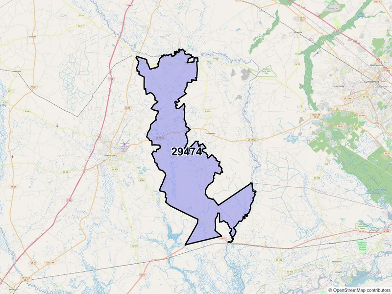 Map of Round O, South Carolina and ZIP codes