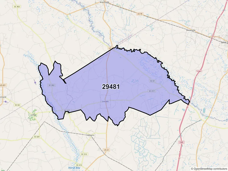 Map of Smoaks, South Carolina and ZIP codes