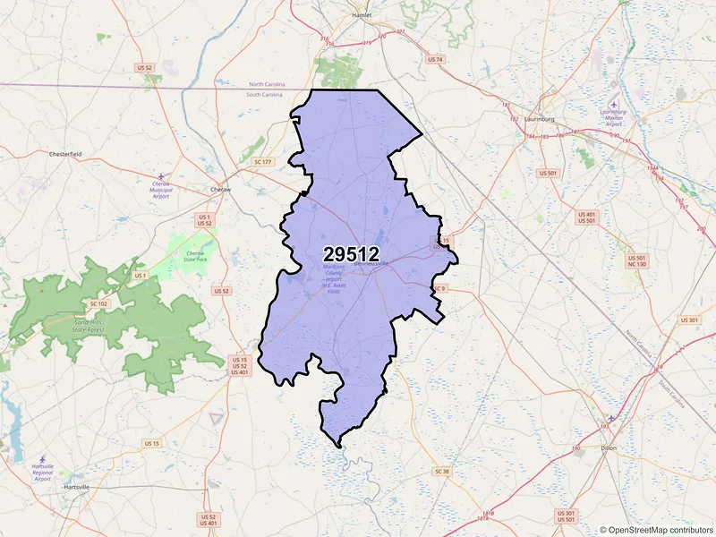 Map of ZIP Code 29512 — Bennettsville, SC