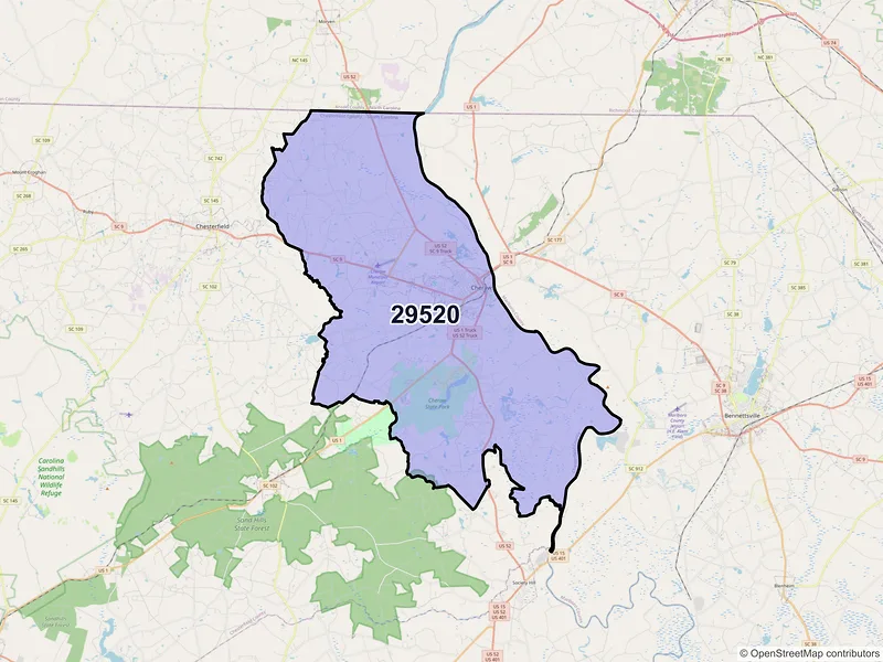 Map of ZIP Code 29520 — Cheraw, SC
