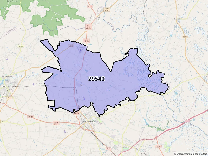 Map of ZIP Code 29540 — Darlington, SC