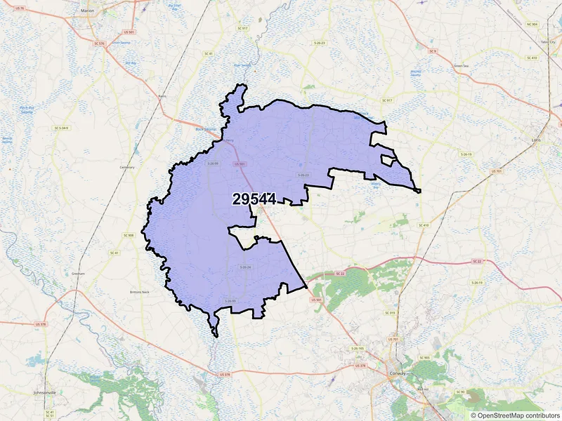 Map of ZIP Code 29544 — Galivants Ferry, SC