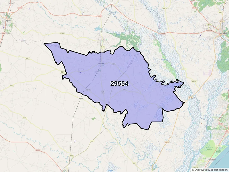 Map of ZIP Code 29554 — Hemingway, SC