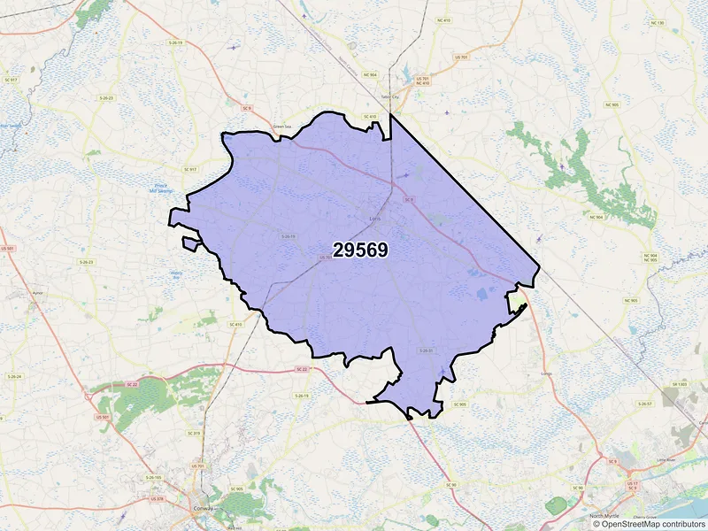 Map of Loris, South Carolina and ZIP codes
