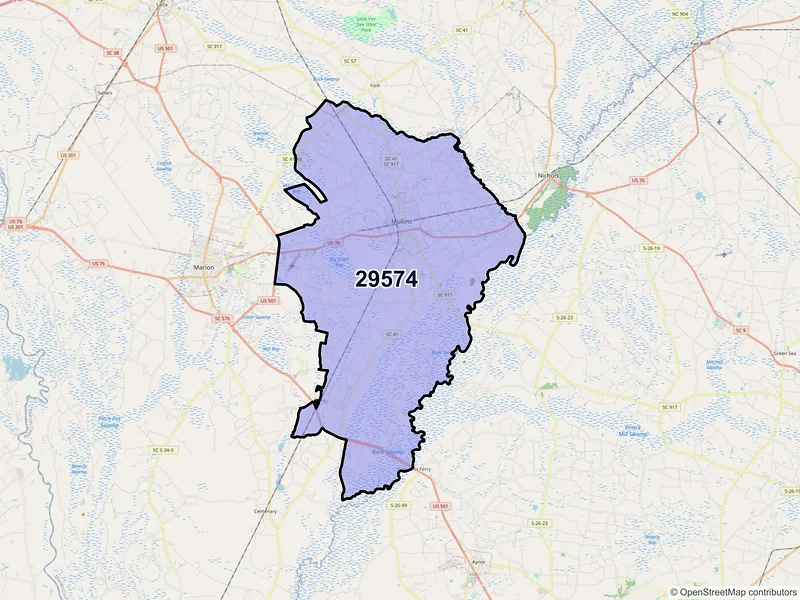 Map of ZIP Code 29574 — Mullins, SC