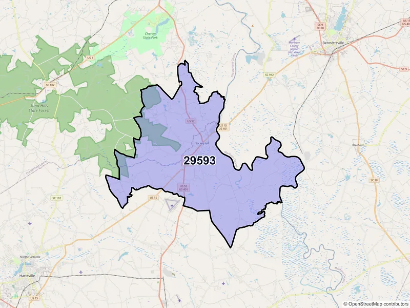 Map of ZIP Code 29593 — Society Hill, SC