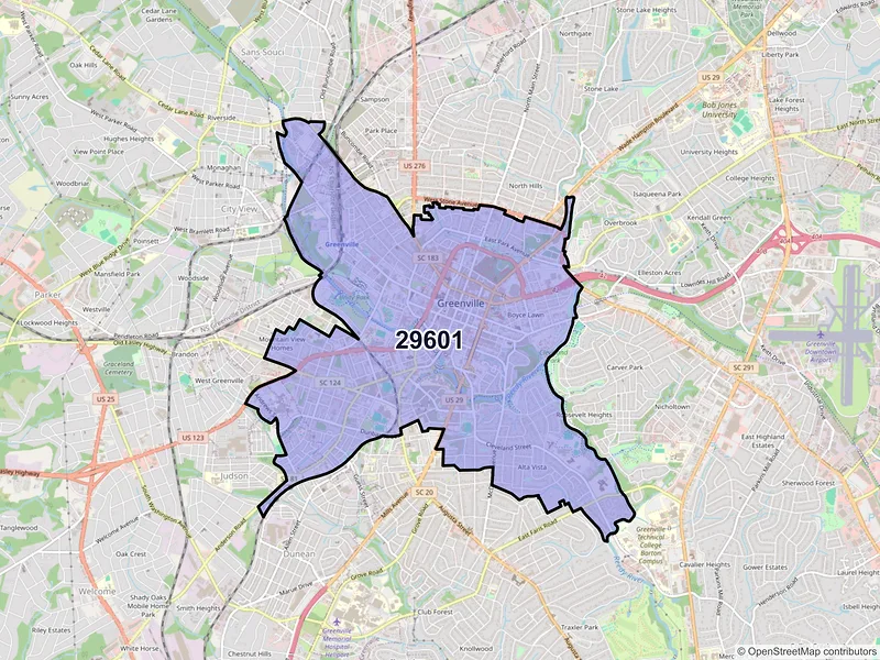 Map of ZIP Code 29601 — Greenville, SC
