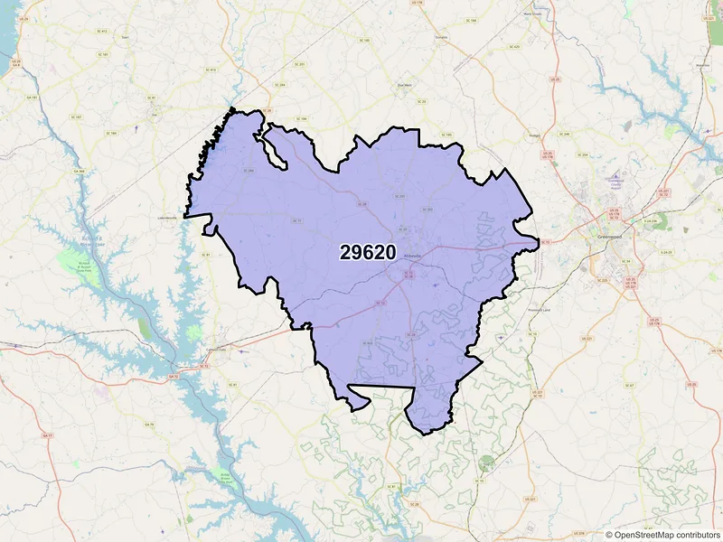 Map of ZIP Code 29620 — Abbeville, SC
