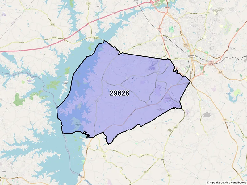 Map of ZIP Code 29626 — Anderson, SC