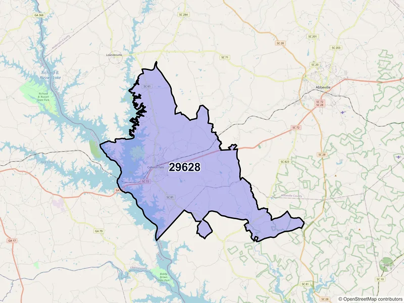 Map of ZIP Code 29628 — Calhoun Falls, SC