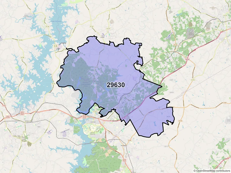 Map of Central, South Carolina and ZIP codes