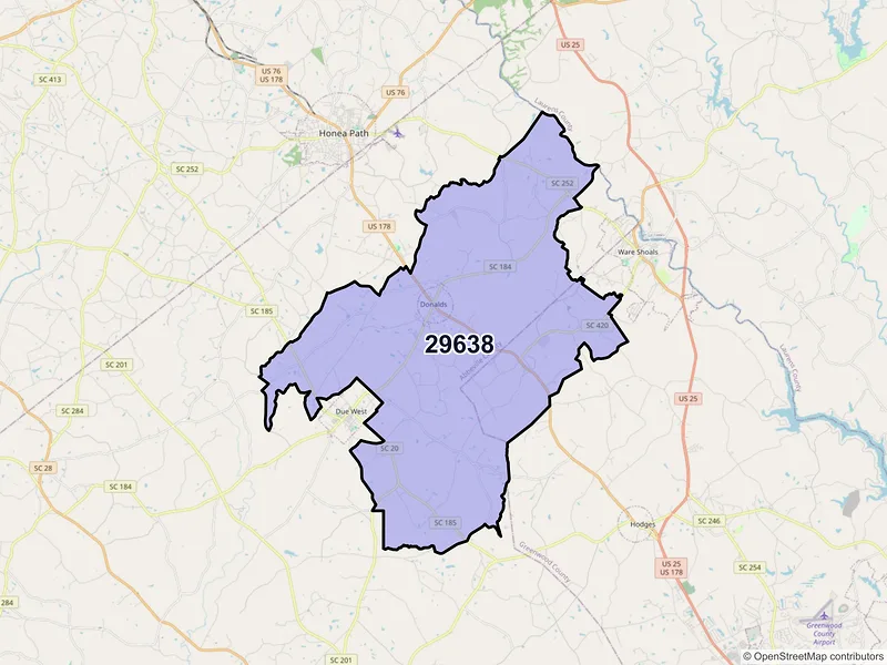 Map of ZIP Code 29638 — Donalds, SC