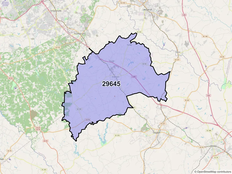 Map of ZIP Code 29645 — Gray Court, SC