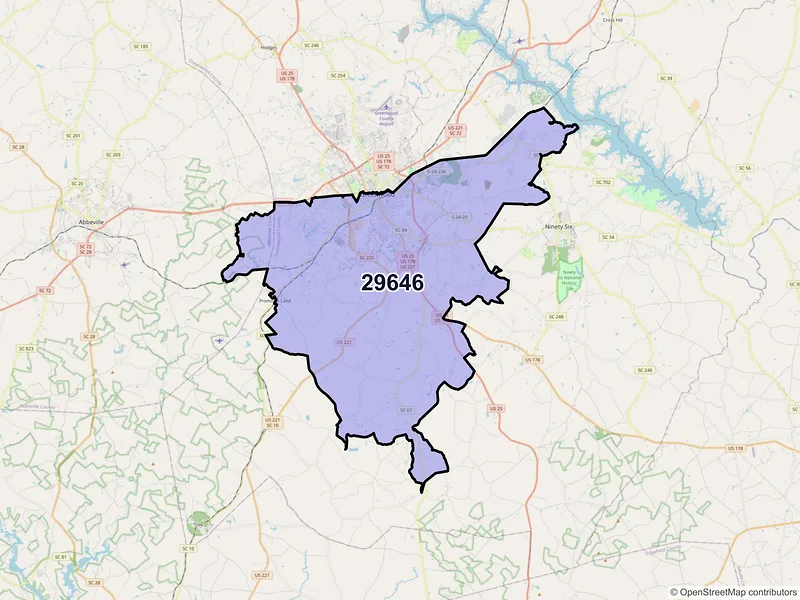 Map of ZIP Code 29646 — Greenwood, SC