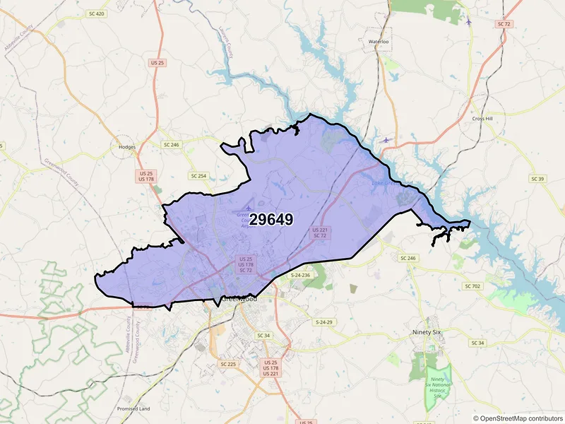 Map of ZIP Code 29649 — Greenwood, SC