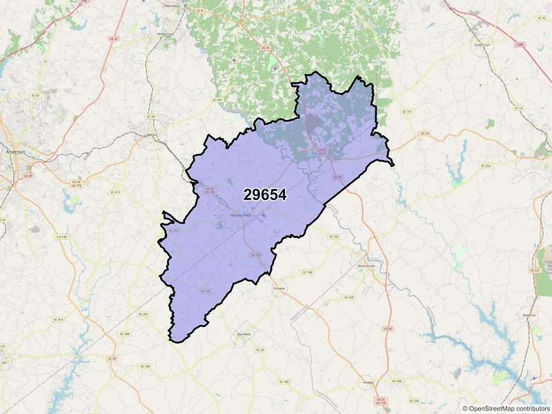 Map of ZIP Code 29654 — Honea Path, SC