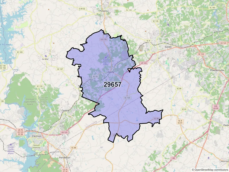 Map of ZIP Code 29657 — Liberty, SC