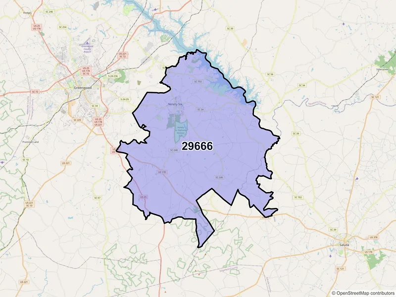Map of ZIP Code 29666 — Ninety Six, SC
