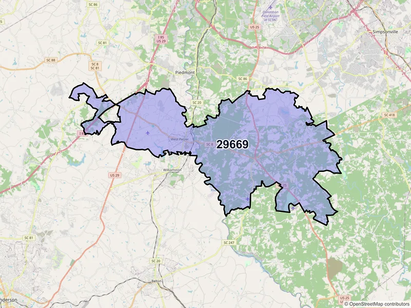 Map of ZIP Code 29669 — Pelzer, SC