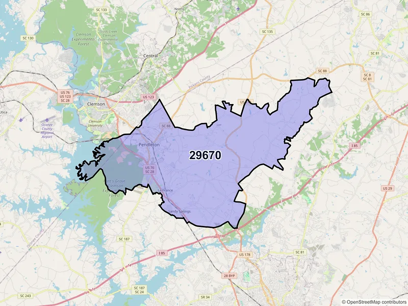 Map of ZIP Code 29670 — Pendleton, SC